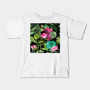 Seamless tropical flower, plant and leaf pattern background Kids T-Shirt